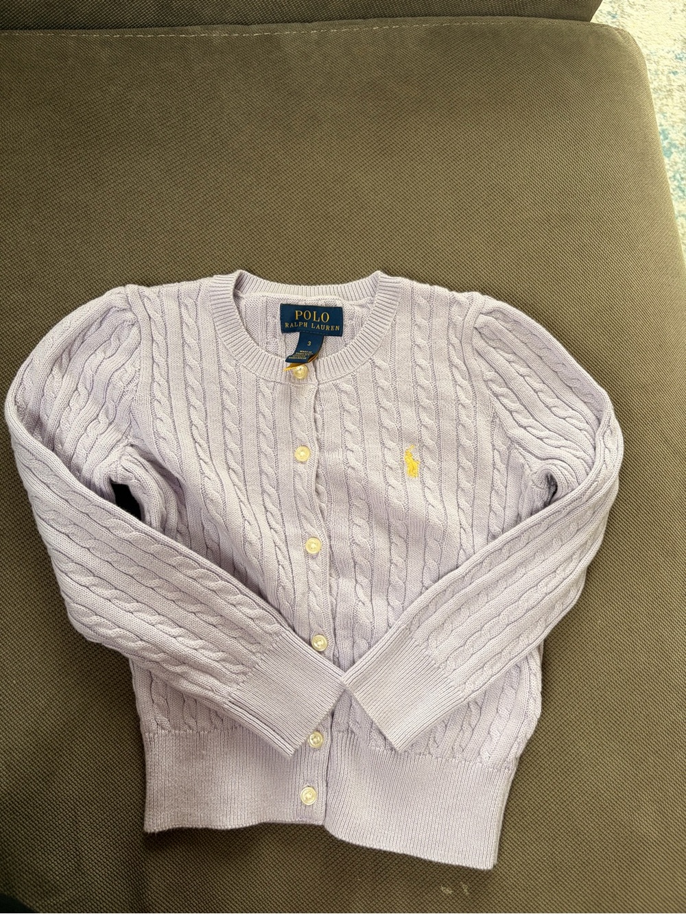 Polo by Ralph Lauren Lilac Cable Knit Cardigan with Yellow Pony